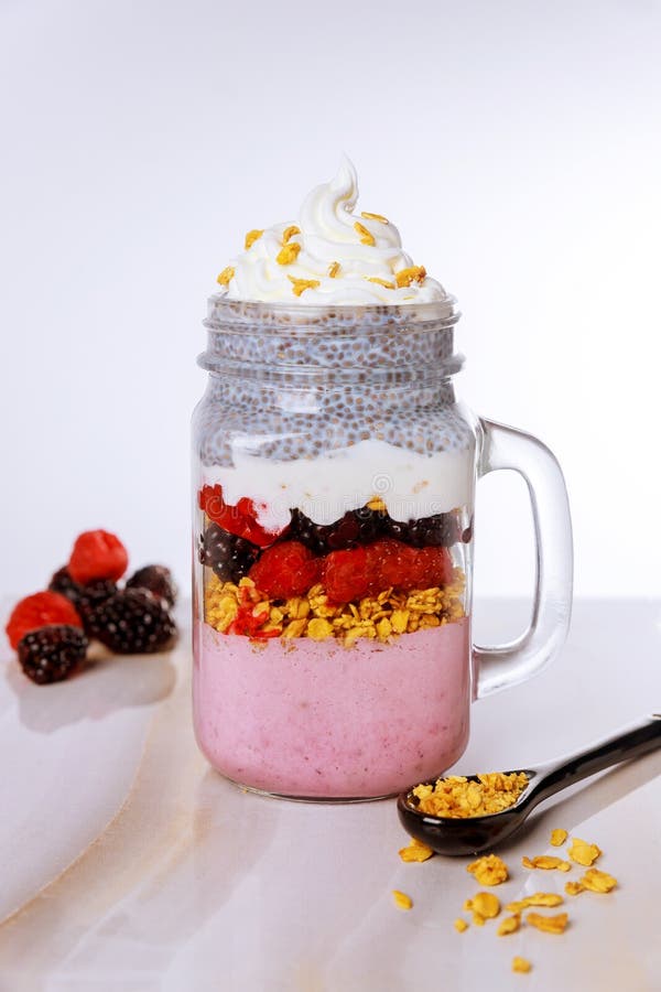 Chia Pudding with Fresh Berries, Greek Yogurt and Granola Stock Image