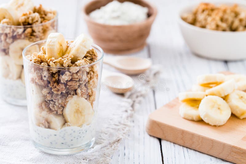 Chia Pudding Parfait, Layered Yogurt with Banana, Granola. Healthy ...