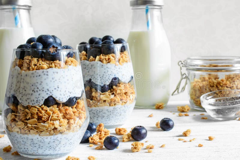 Chia pudding or yogurt parfait with blueberries, granola and chia seeds
