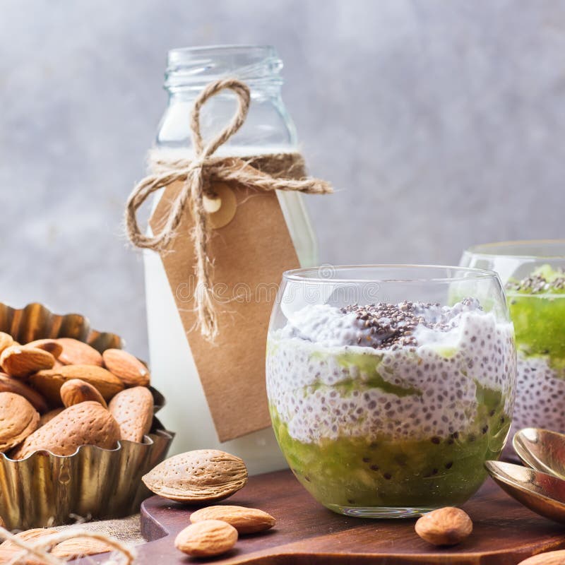 Chia Seed Pudding with Almond Milk and Fresh Fruit Topping Stock Photo