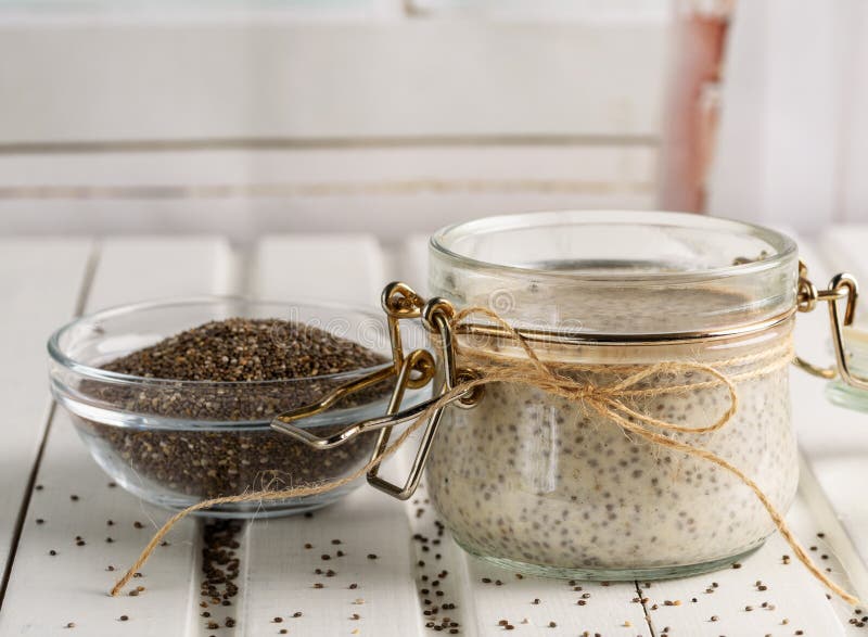 Chia Seed Pudding in Glass Jar. Superfoods Concept with Copy Spa Stock