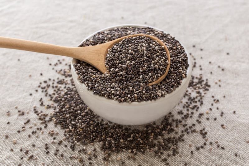 healthy Chia seeds in bowl. With wooden spoon royalty free stock photography