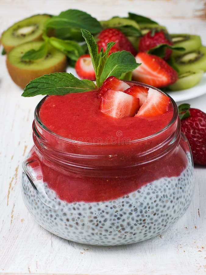 Chia seeds pudding and strawberry in a jar