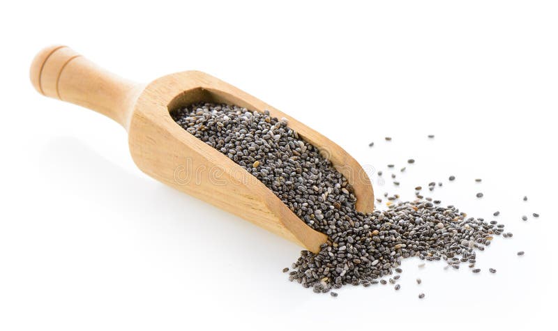 Chia seeds in scoop isolated with white background.