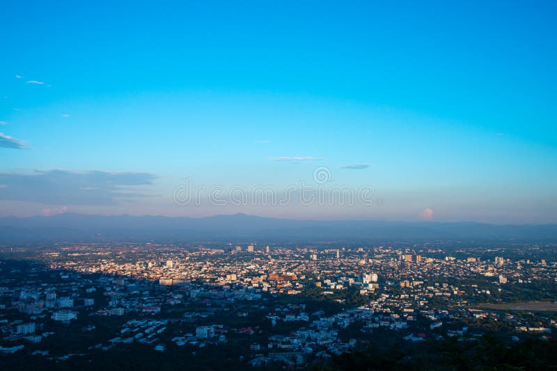 Chiang Mai cityscape in evening with clear blue sky. Bird eyes view of Chiang Mai cityscape in evening with clear blue sky royalty free stock images Chiang Mai cityscape in evening with clear blue sky. Bird eyes view of Chiang Mai cityscape in evening with clear blue sky royalty free stock images