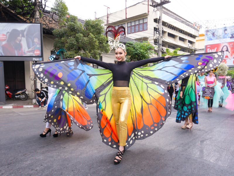 CHIANGMAI, THAILAND - FEBRUARI 3: Meisje in een mooi vlinderkostuum op de parade in jaarlijks 42ste Chiang Mai Flower Festival, o