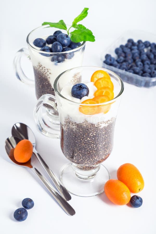 Chiapudding met bosbessen en kumquat royalty-vrije stock afbeeldingen Chiapudding met bosbessen en kumquat royalty-vrije stock afbeeldingen