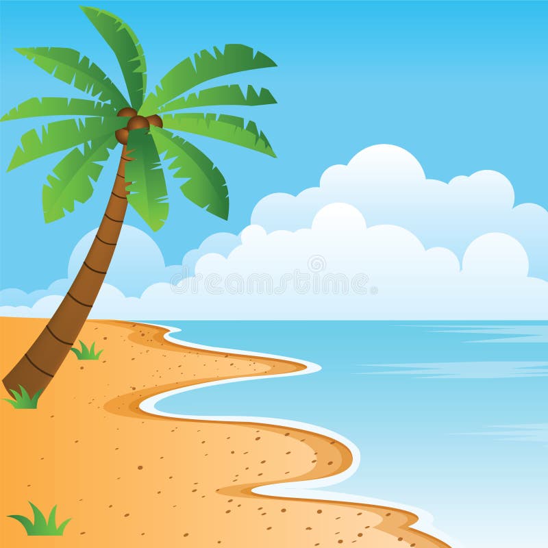 Chiaro mare blu, spiaggia arancio piacevole, palma sola con nuvoloso royalty illustrazione gratis Chiaro mare blu, spiaggia arancio piacevole, palma sola con nuvoloso royalty illustrazione gratis