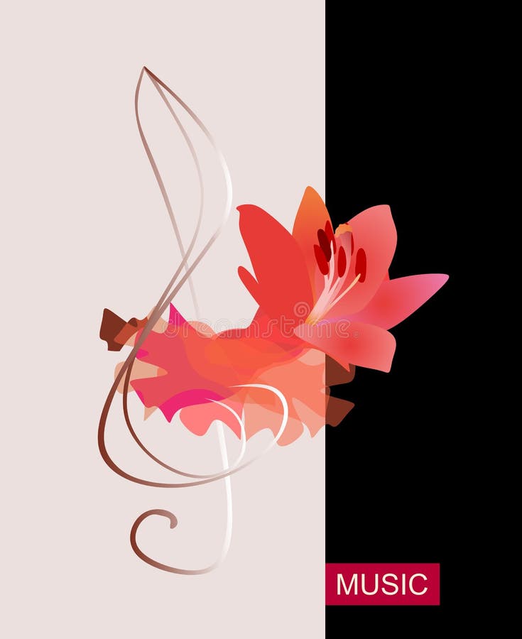 Chiave tripla e tessuto rosso, come una fiamma, trasformantesi un grande bello fiore del giglio Marchio musicale Simbolo di flame illustrazione vettoriale Chiave tripla e tessuto rosso, come una fiamma, trasformantesi un grande bello fiore del giglio Marchio musicale Simbolo di flame illustrazione vettoriale