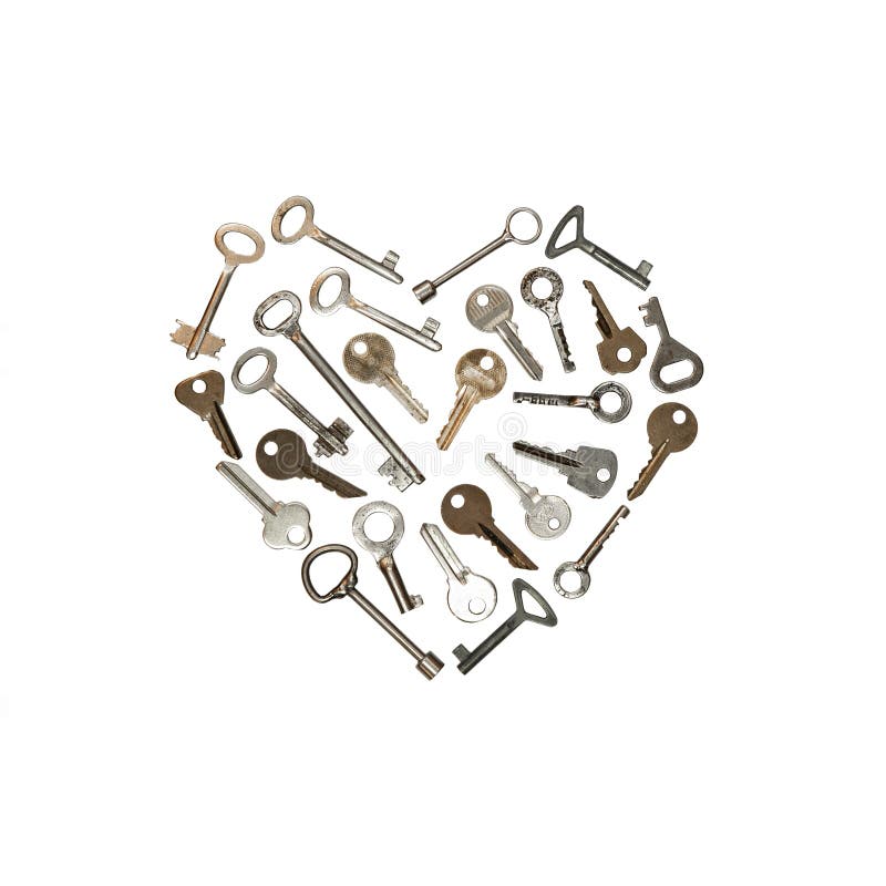 Chiavi del metallo su forma bianca del cuore Fotographia concettuale La chiave proviene dal cuore immagine stock libera da diritti Chiavi del metallo su forma bianca del cuore Fotographia concettuale La chiave proviene dal cuore immagine stock libera da diritti