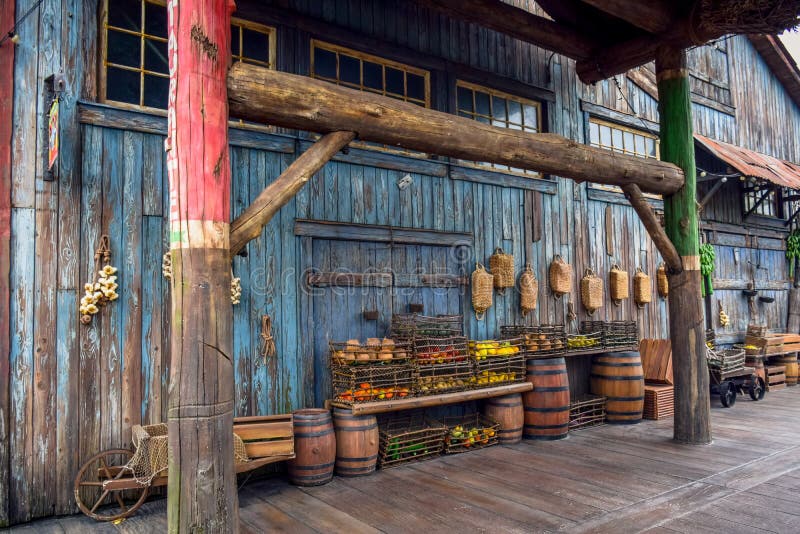CHIBA, JAPAN: Fruits in the basket in an old ancient village in Lost River Delta area in Tokyo Disneysea located in Ur stock photo CHIBA, JAPAN: Fruits in the basket in an old ancient village in Lost River Delta area in Tokyo Disneysea located in Ur stock photo