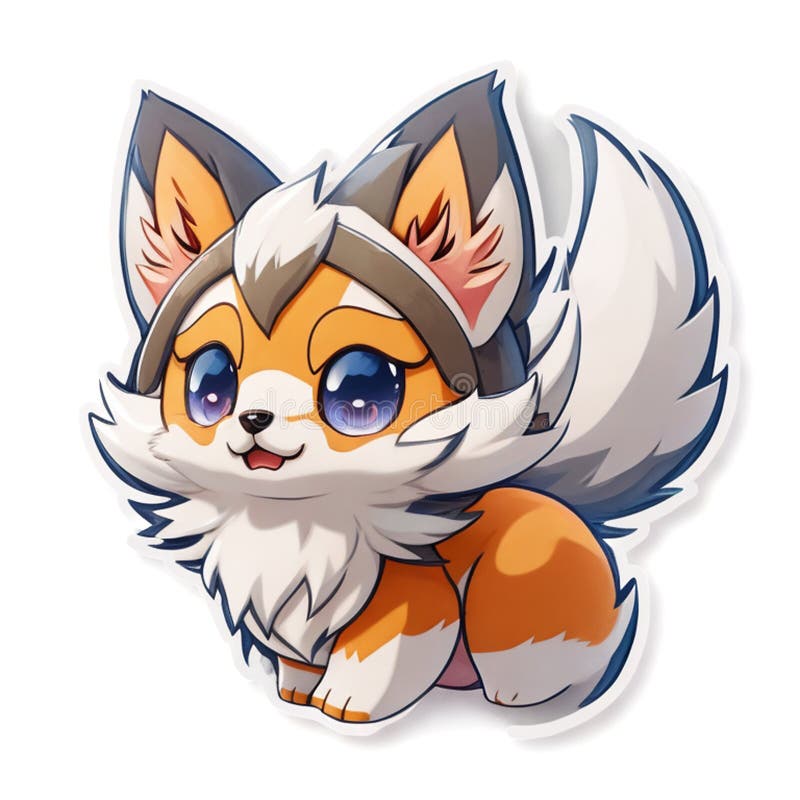 Cute Chibi style Kawaii Anime Girl with Fox Ears and Tails Digital