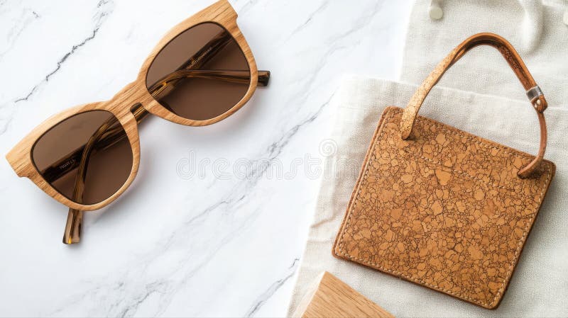 Chic Eco Accessories Cork Wallet Canvas Tote e Occhiali di legno fotografie stock libere da diritti