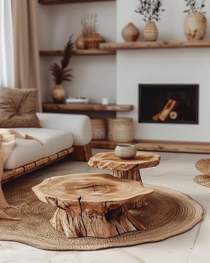 Chic Farmhouse Boho Living Room with Tree Stump Side Tables, White Sofa ...