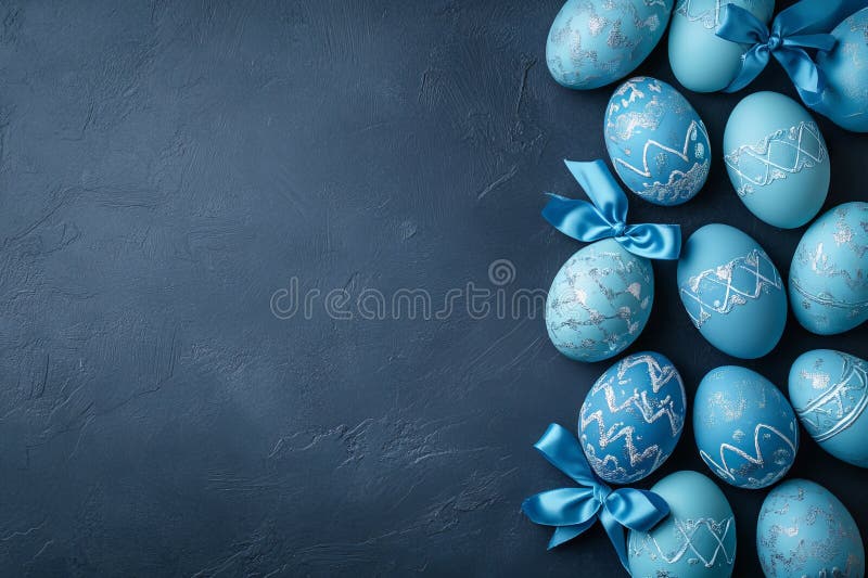 A chic, minimal Easter setup with hand-painted blue eggs on a dark background. Top view, flat lay, offering copy space royalty free stock photography