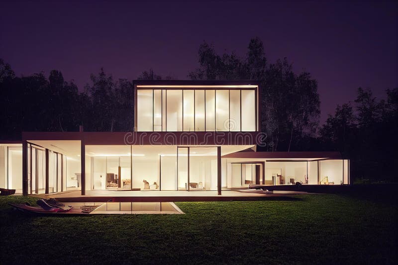 Chic Modern House Exterior with Large Windows in Whole Wall. Stock