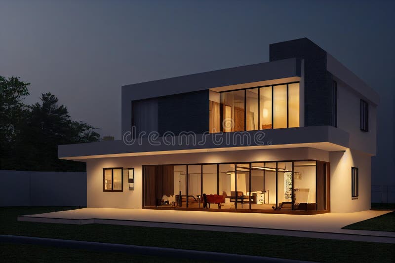 Chic Modern House Exterior with Large Windows in Whole Wall. Stock