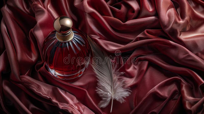 Chic perfumy butelki i pióra pióra pióra na różowym aksamitnym tkaninie uosabiającym romantyczną koncepcję zapachową ze wskazówką obraz royalty free