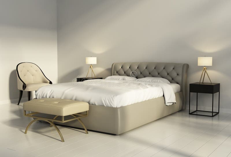 Chic tufted leather bed in contemporary chic bedroom royalty free stock images
