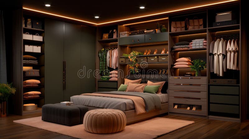 Chic Walk-In Wardrobe with Ample Storage and Organization Options in Modern Dark Wood Design - Luxury Dressing Room Interior royalty free illustration