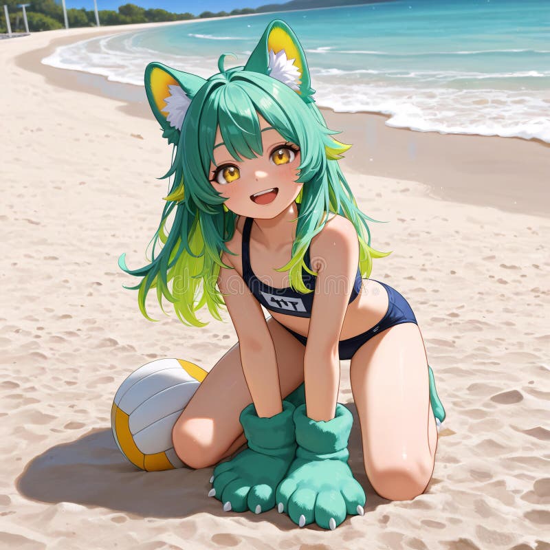 Chica animada arrodillada en la playa con voleibol stock de ilustración