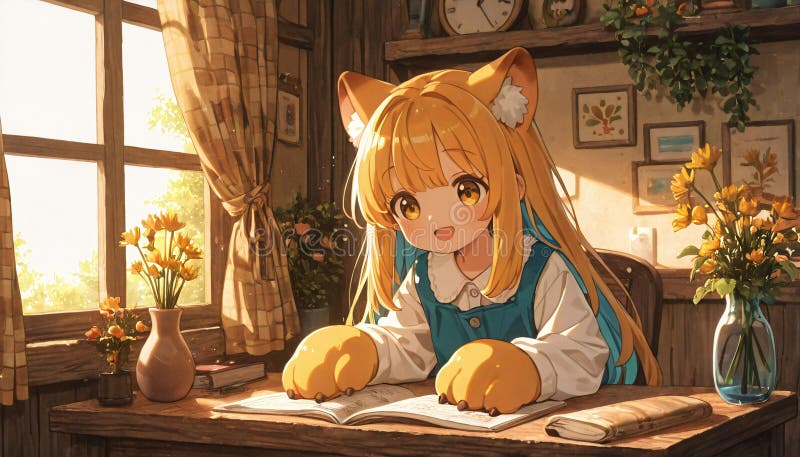 Chica animada con pelo naranja y orejas zorras trabajando ilustración del vector