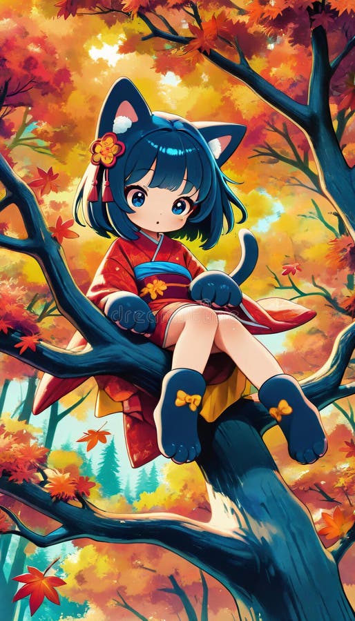 Chica animada de anime en Kimono rojo en rama de árbol de otoño libre illustration