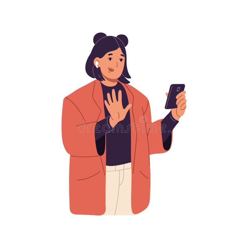 Chica con un lindo peinado saludando con la mano posando para selfie. joven comunicándose por videollamada. conversación de usuari libre illustration