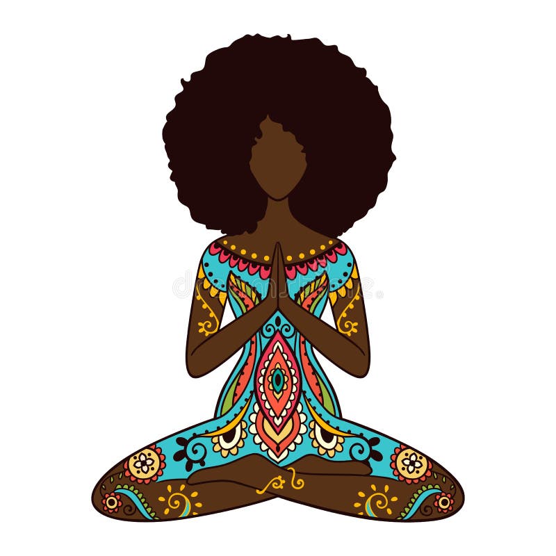 Chica de yoga. mujer afroamericana haciendo yoga. pose de meditación de ornamento. i ilustración del vector