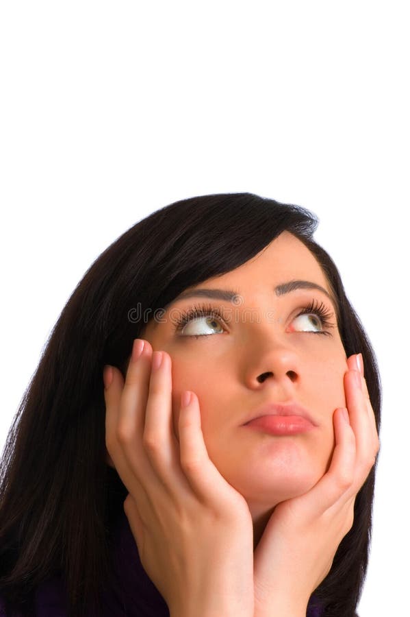 Chica joven aislada en la mirada blanca a la izquierda imagenes de archivo