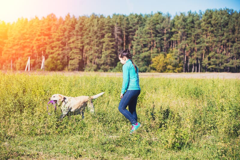 Chica joven con el perro que camina en el campo fotos de archivo Chica joven con el perro que camina en el campo fotos de archivo