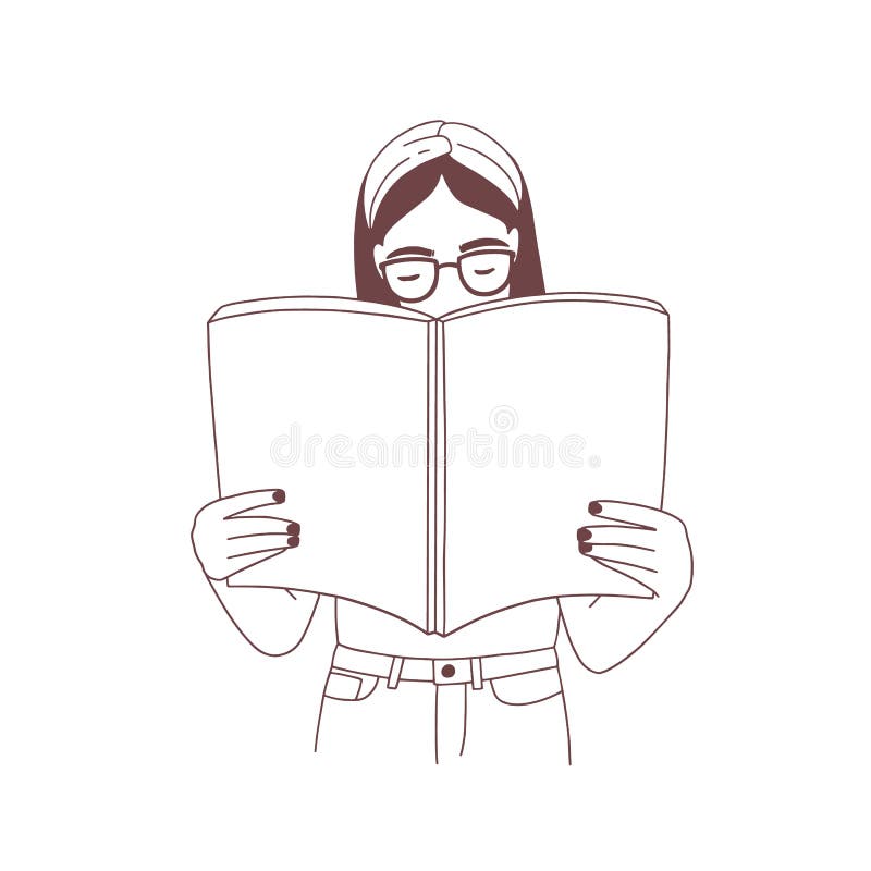 Chica joven con la venda y el libro de lectura de los vidrios o la preparación para el examen Retrato del estudiante elegante con ilustración del vector Chica joven con la venda y el libro de lectura de los vidrios o la preparación para el examen Retrato del estudiante elegante con ilustración del vector