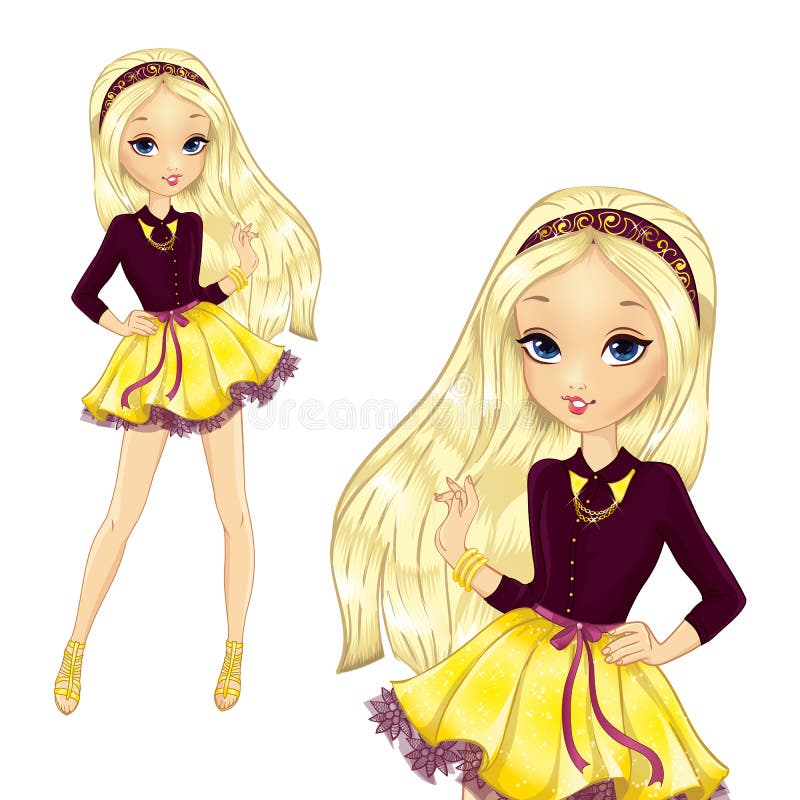 Vector illustration of beautiful fashionable blonde party girl in gold skirt and black blouse. Vector illustration of beautiful fashionable blonde party girl in gold skirt and black blouse