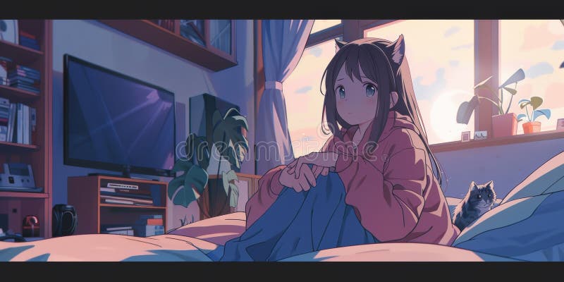 Chica sentada en la habitación con un gato linda ilustración generada por ai fotografía de archivo