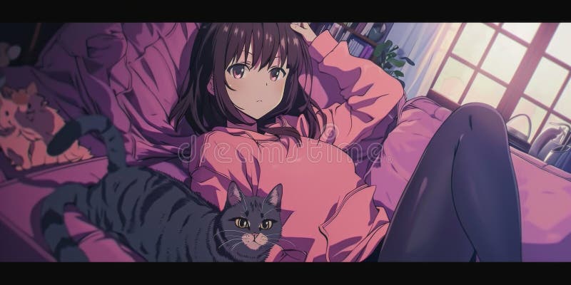 Chica sentada en la habitación con un gato linda ilustración generada por ai imágenes de archivo libres de regalías