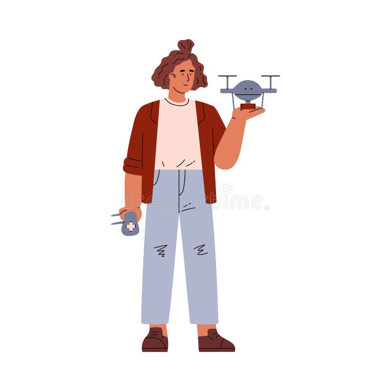 Chica sonriente parada con un adolescente de cuarcopter vector sujetando el personaje de generación de dispositivo robótico de ent ilustración del vector