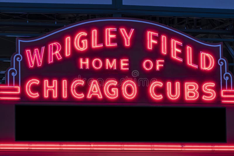 Wrigley Field Home of Chicago Cubs in red neon lights with copy space. Wrigley Field has been home to the Cubs since 1916