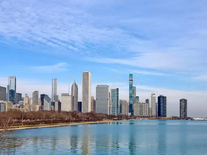 Chicago city skyline in water reflection