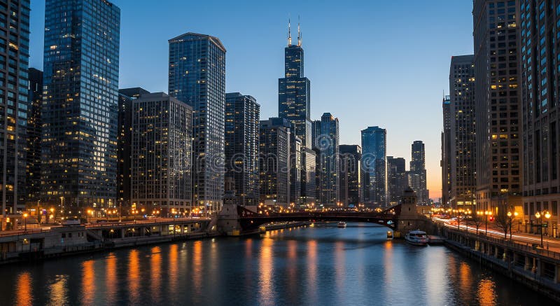 Chicago Cityscape at Dusk: Stunning River, Skyscrapers, and Willis Tower royalty free stock photography