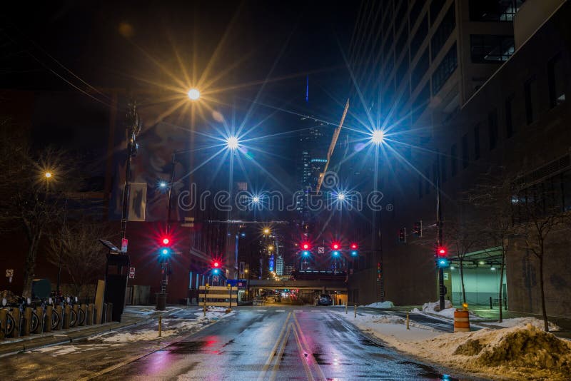 Chicago downtown city street view at night stock photos Chicago downtown city street view at night stock photos