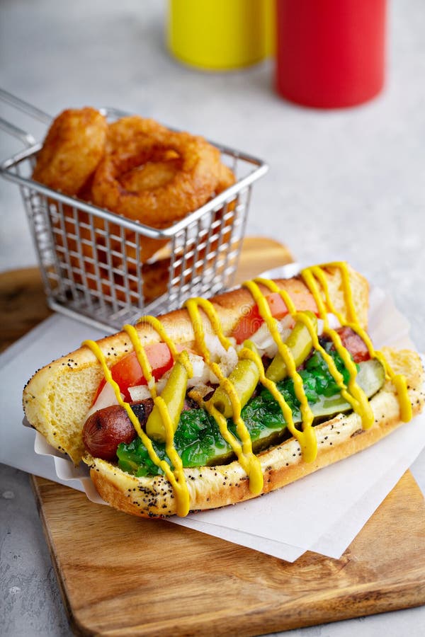 Chicago Hot Dog On A Poppy Seed Bun Stock Photo - Image of ...