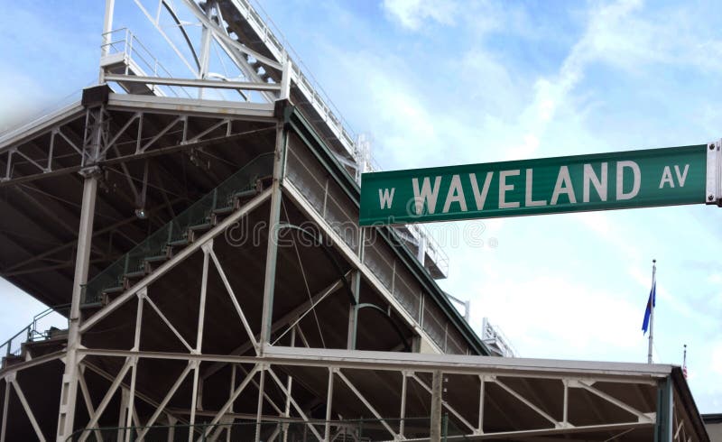 CHICAGO, IL - USA - 8-09-2017: Wrigley Field in Chicago, home of the Chicago Cubs, showing the Waveland Ave. street sign