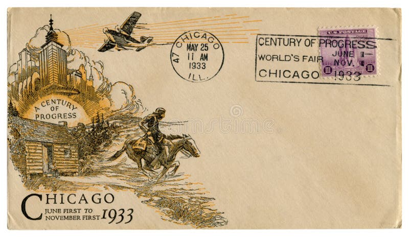 Chicago, Illinois usa - 25 1933 MAJ: USA dziejowa koperta: pokrywa z sztuki dystynkcją wiek postęp, purpurowy opłaty pocztowej st obraz royalty free Chicago, Illinois usa - 25 1933 MAJ: USA dziejowa koperta: pokrywa z sztuki dystynkcją wiek postęp, purpurowy opłaty pocztowej st obraz royalty free