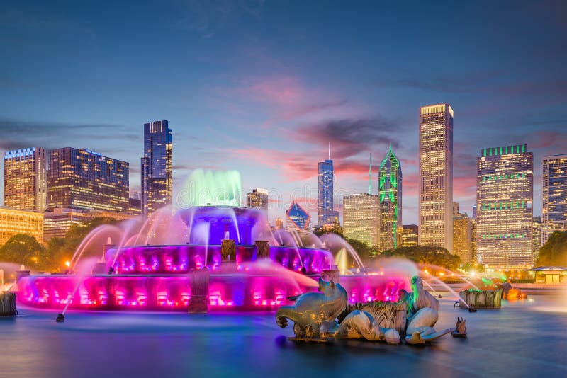 Chicago, Illinois, USA skyline from Buckingham Fountain at dusk. Chicago, Illinois, USA skyline from Buckingham Fountain at dusk.