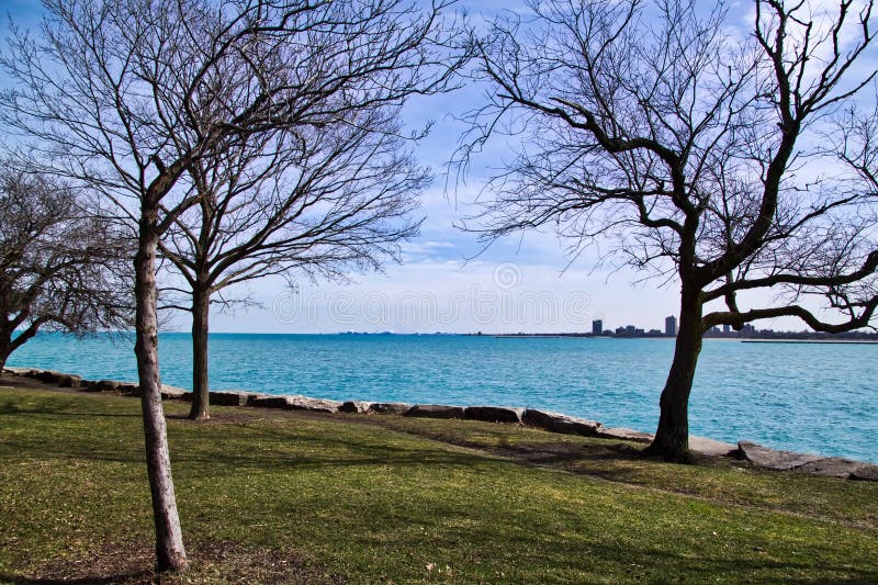 View of Michigan City, IN skyline from the lakefront along Chicago&x27;s south side, along Lake Michigan on a frigid winter day