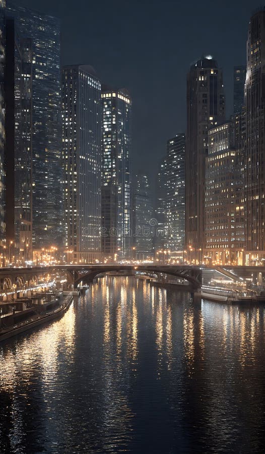 Chicago Riverwalk at Night with City Lights Reflecting on Water. jpeg stock illustration