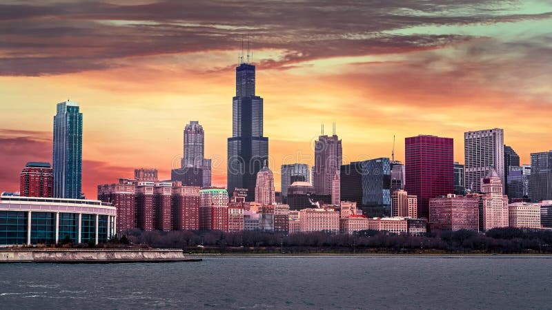 Chicago skyline crimson sunset in Illinois.