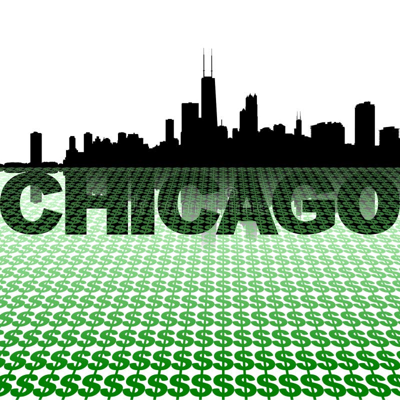 Chicago skyline reflected with dollar symbols royalty free illustration
