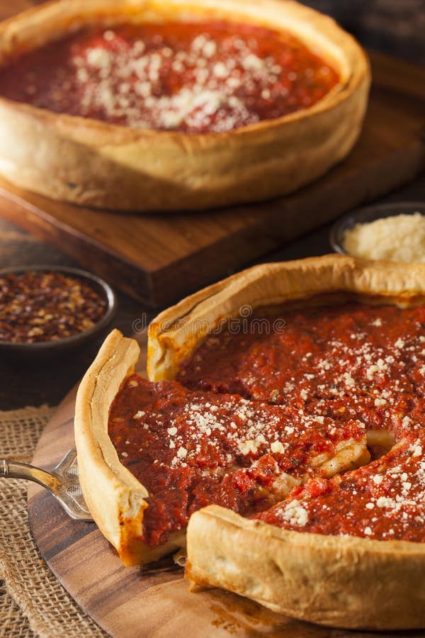 Chicago Style Deep Dish Cheese Pizza with Tomato Sauce. Chicago Style Deep Dish Cheese Pizza with Tomato Sauce