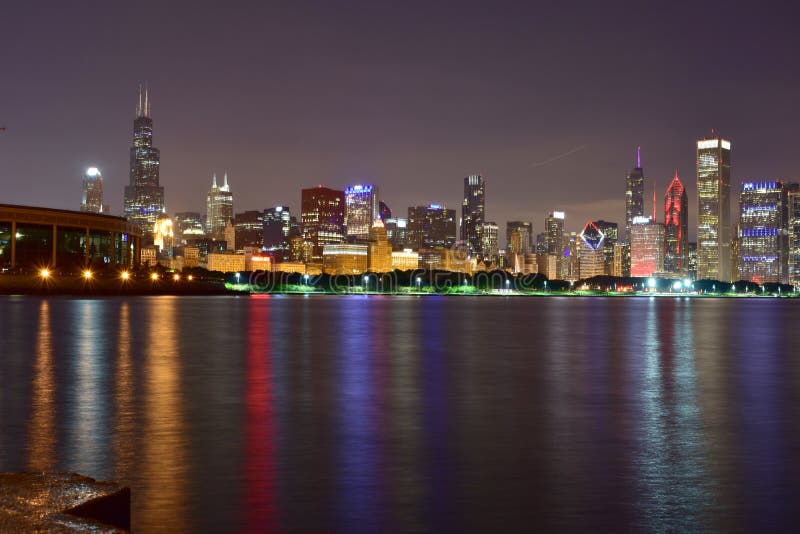 Chicago, Illinois - USA - July 1, 2018: The Chicago Skyline at Night stock image Chicago, Illinois - USA - July 1, 2018: The Chicago Skyline at Night stock image